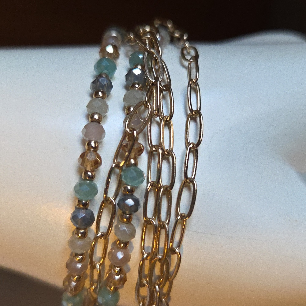 Gold Blue and Peach Beaded Bracelet